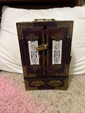 Vintage Wood Jewelry Box with Hong Kong Brass Label
